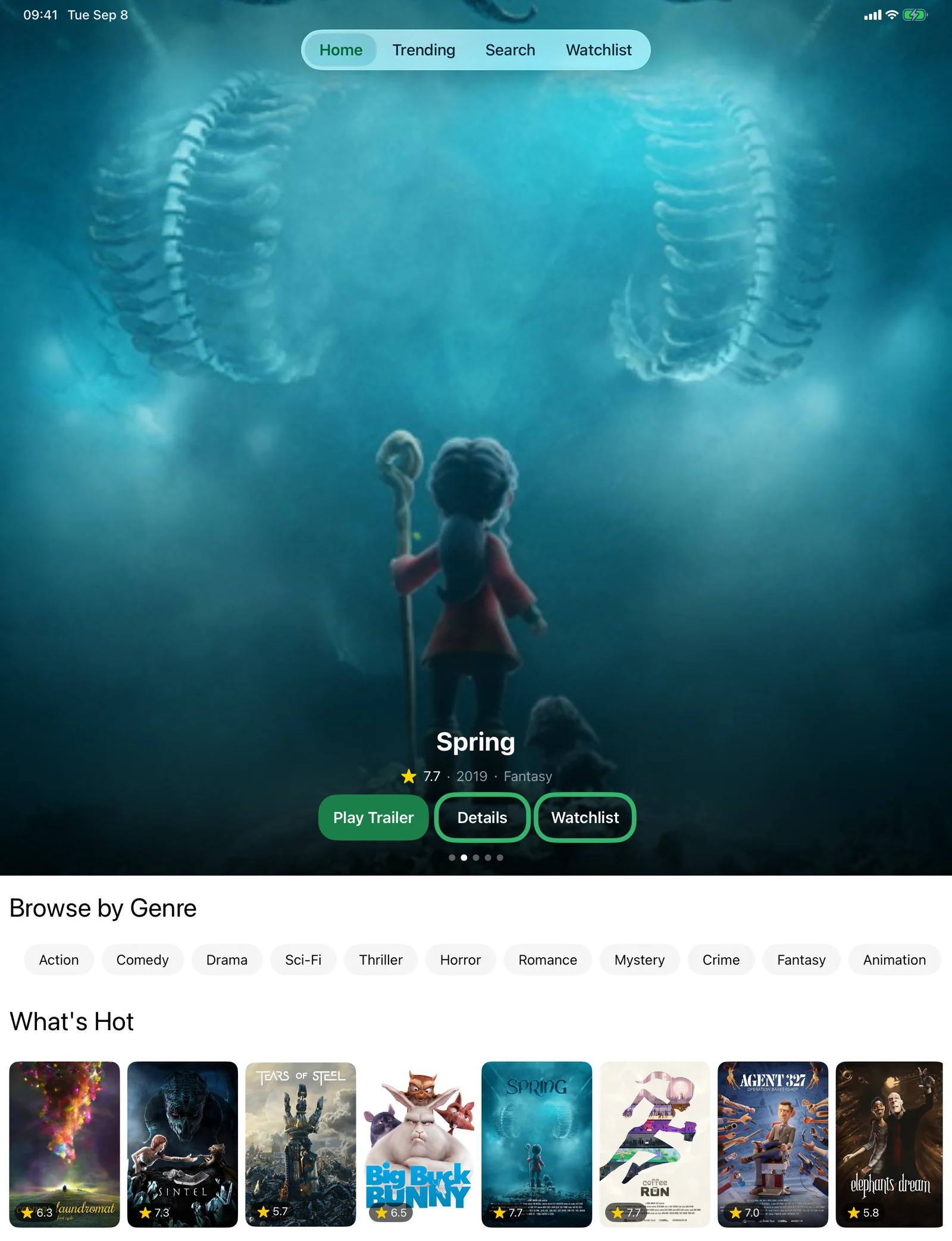 Tonight's Home tab on iPad in portrait: the film Spring fills the top of the screen, followed by a wide row of genre chips and an eight-poster What's Hot rail